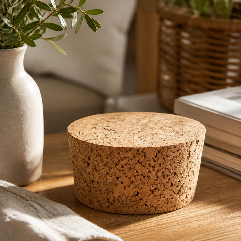 Rolha de cortiça WECK RR40 rolha de cortiça natural sobre mesa de madeira com vaso e livros decoração elegante de sala de estar abertura de 40 mm