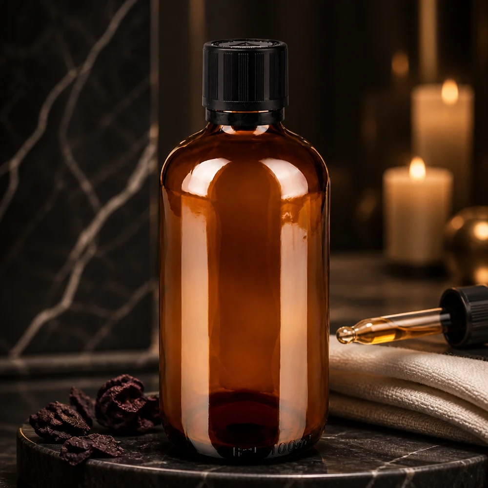 Frasco de vidro castanho de 100 ml com tampa de segurança original preta e proteção contra crianças, sobre um fundo de mármore