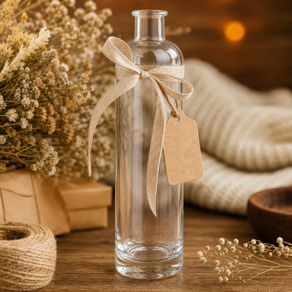500ml Glasflasche "Ella" ohne Verschluss UNiTWIST Garrafa de vidro de 500 ml Ella UNiTWIST como embalagem de oferta decorada com laço e pendente de decoração rústica