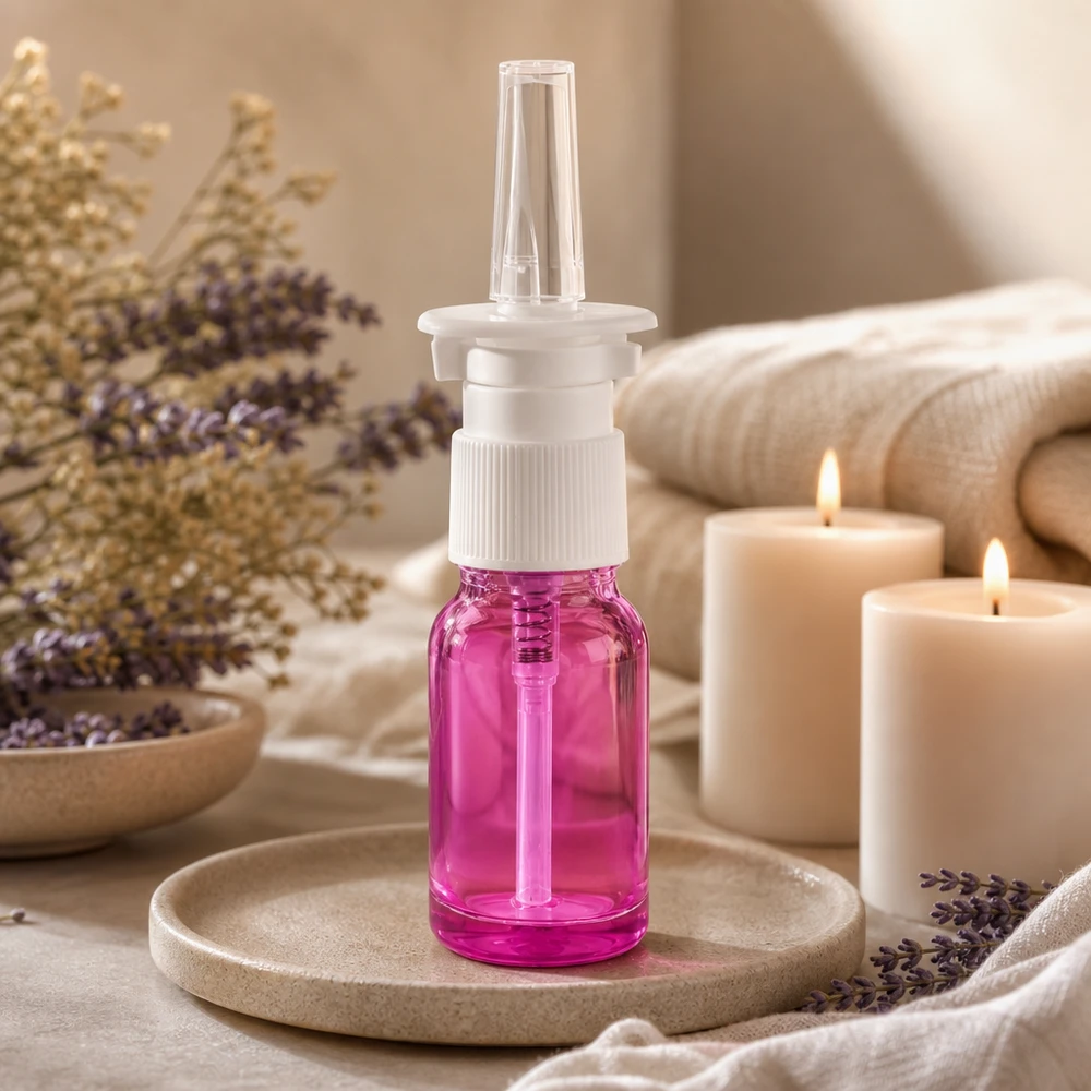 Frasco de spray nasal de 10 ml branco/transparente standard PurpleLine. UT18/10 Frasco de spray nasal de 10 ml com rosca STD UT18/10 em Purple Light para uma dosagem precisa