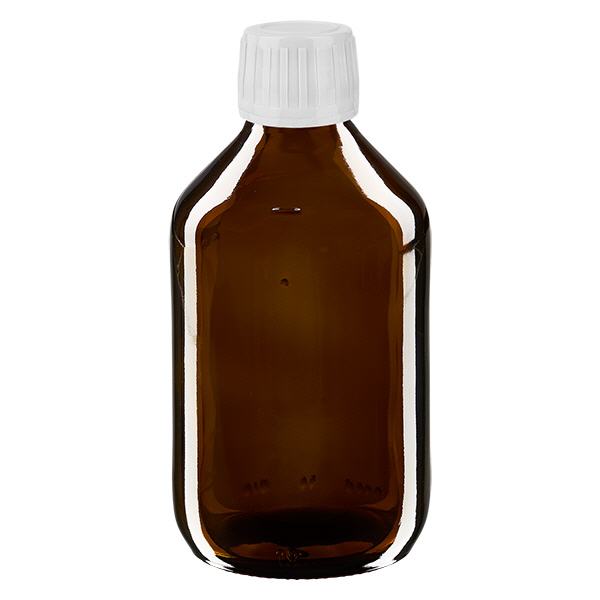 Frasco de medicamento de 250ml castanho, tampa branca com anel inviolável ApoGlas Frasco de medicamento de 250ml castanho, tampa branca com anel inviolável ApoGlas