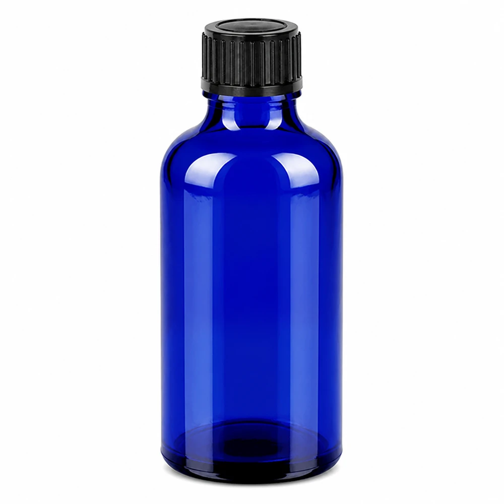 Frasco de vidro azul de 50 ml com tampa de rosca preta para cosméticos e produtos farmacêuticos
