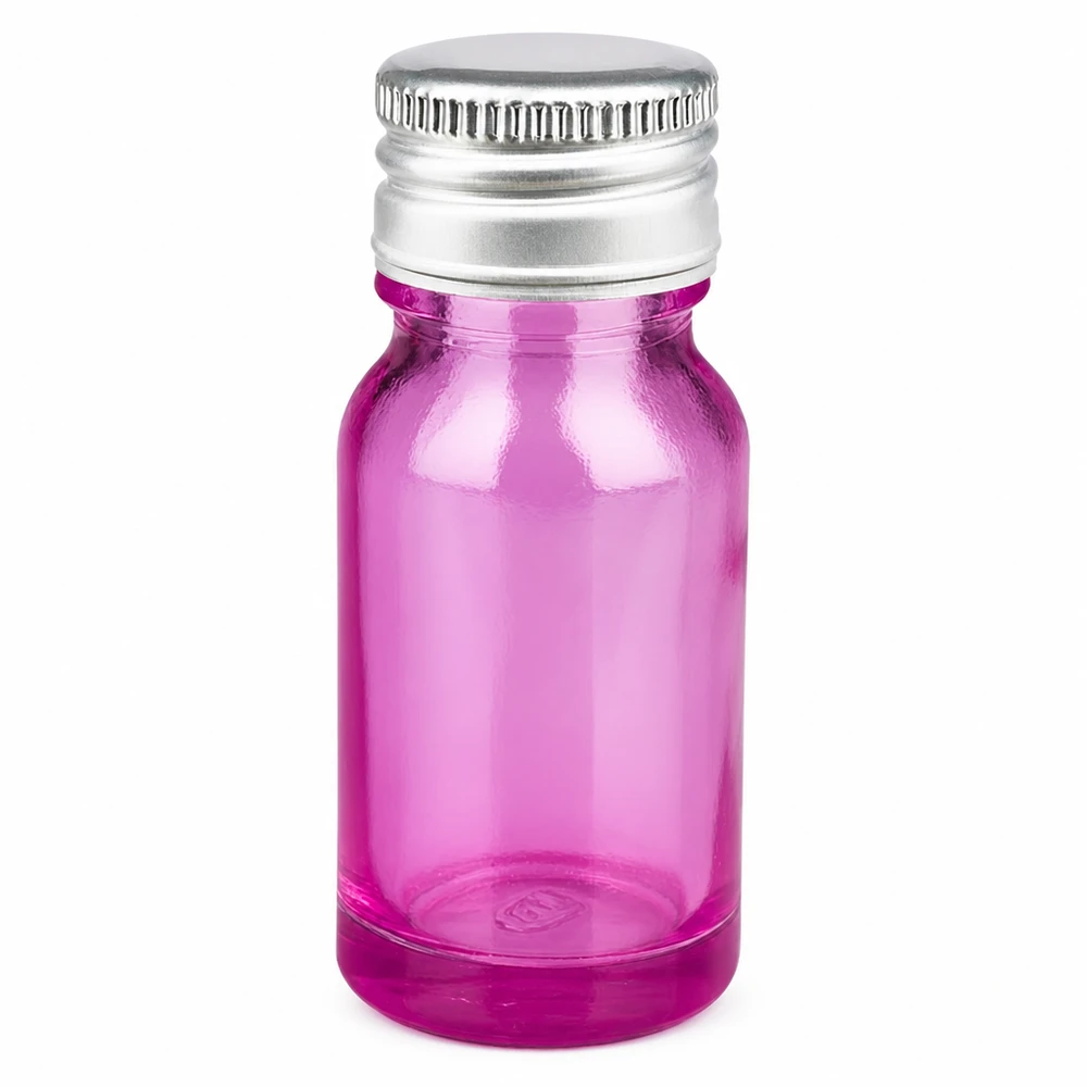 Frasco de vidro de 10 ml em roxo com tampa de rosca de alumínio e prata para óleos essenciais