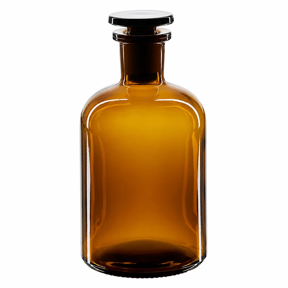 Garrafa castanha de ombros arredondados, com 250 ml, com rolha de vidro e gargalo estreito, fabricada em vidro de laboratório de alta qualidade