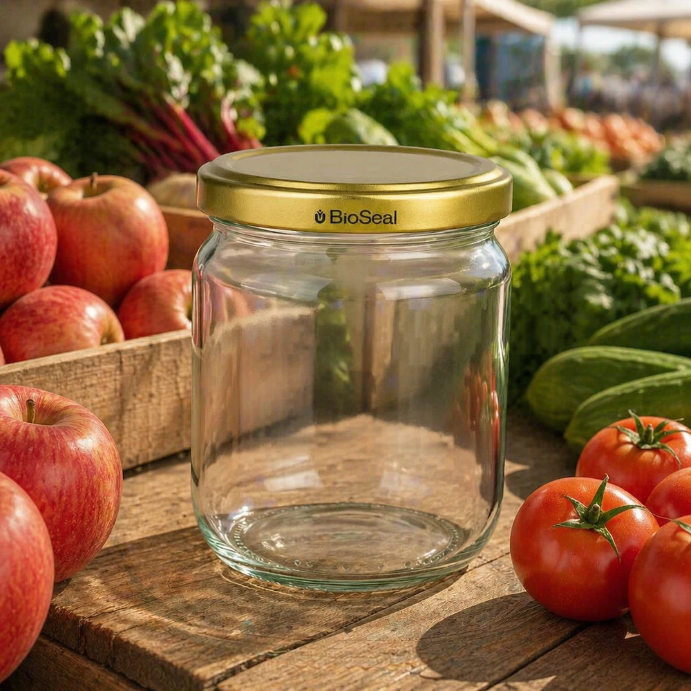 Frasco de mel BioSeal de 500 g vazio com tampa dourada rodeado de maçãs e tomates frescos numa mesa de madeira ao ar livre