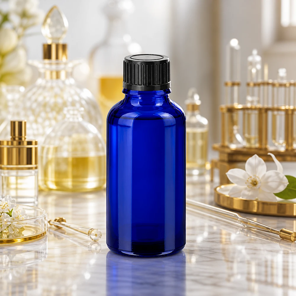 Frasco de vidro BlueLine de 30 ml com tampa de rosca preta de 11 mm para aplicações profissionais