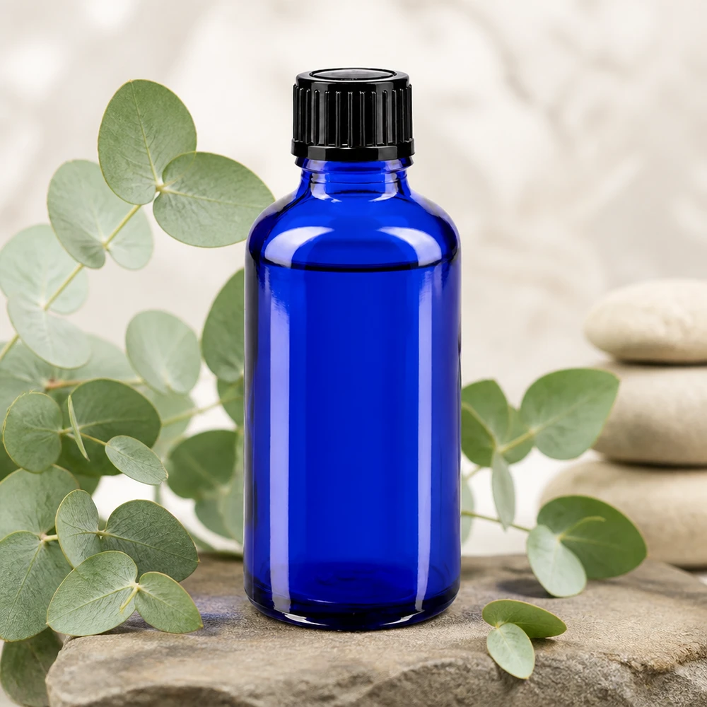 Frasco de vidro de farmácia azul de 50 ml com abertura para gotas de 1 mm e tampa preta sobre pedra natural