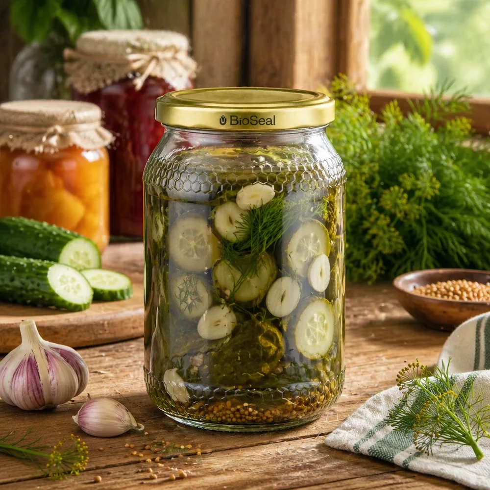 Frasco de mel de 900 ml com tampa BioSeal dourada com pepino em conserva, endro, especiarias, alho, cena rústica de cozinha Frasco de conserva
