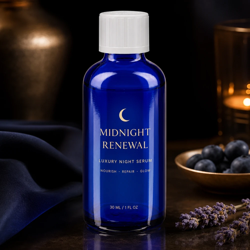 Pequeno frasco de vidro de 30 ml em azul real, com tampa de rosca branca e conta-gotas para sérum noturno