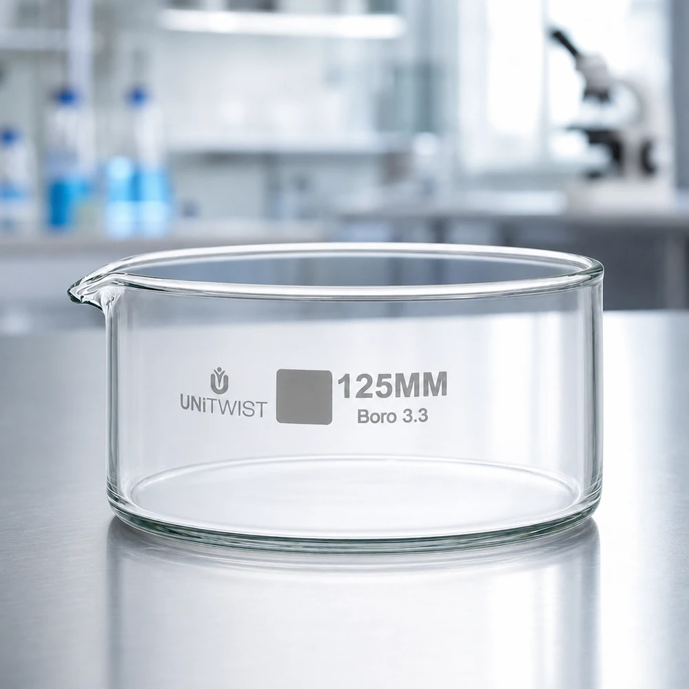 Prato de cristalização ø125mm em vidro borossilicato UNiTWIST Bacia de cristalização com ø125 mm, UNiTWIST, vidro borossilicato Boro 3.3, vazia, sobre uma mesa de aço inoxidável no laboratório