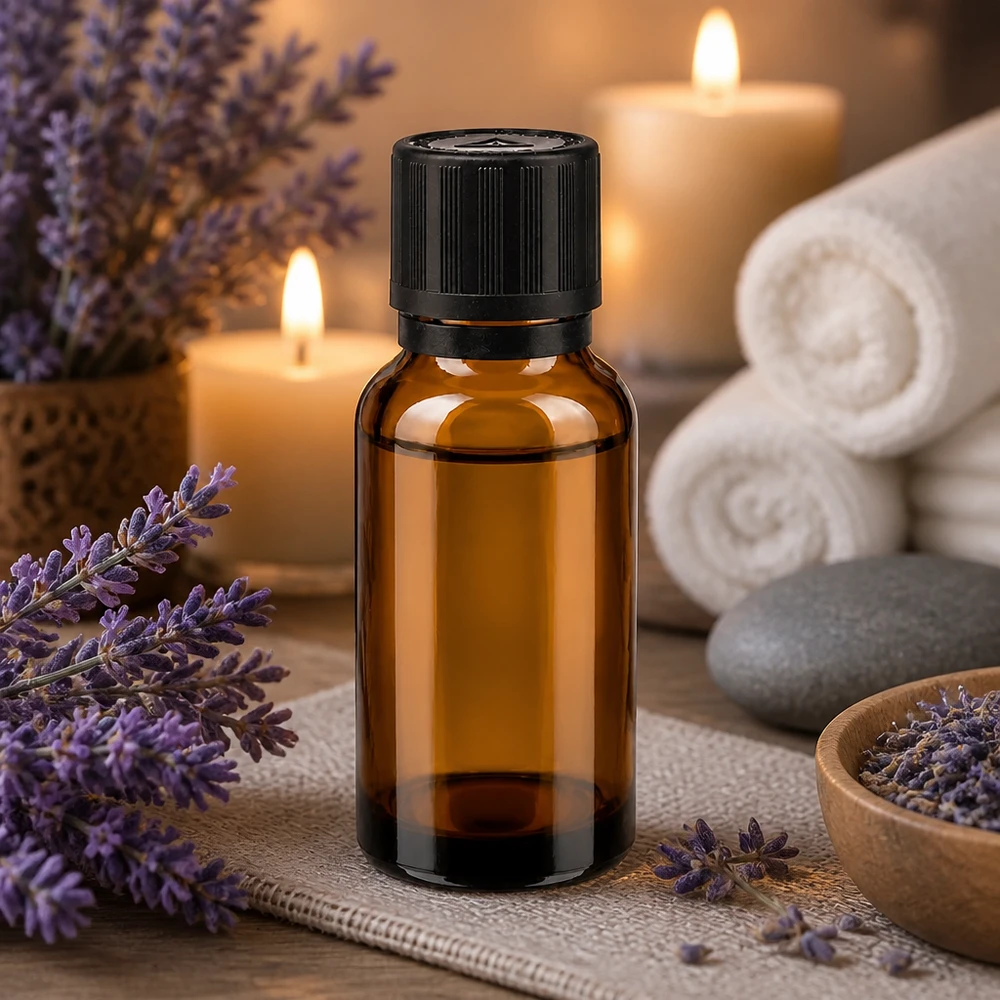 Frasco aromático de vidro castanho de 20 ml com tampa de segurança preta e decoração com lavanda