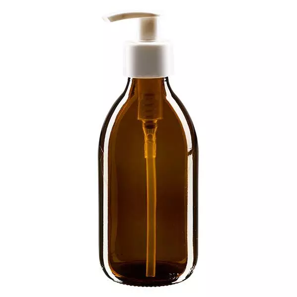 Frasco para medicamentos de 250ml castanho, com bomba doseadora branca ApoGlas Frasco para medicamentos de 250ml castanho, com bomba doseadora branca ApoGlas