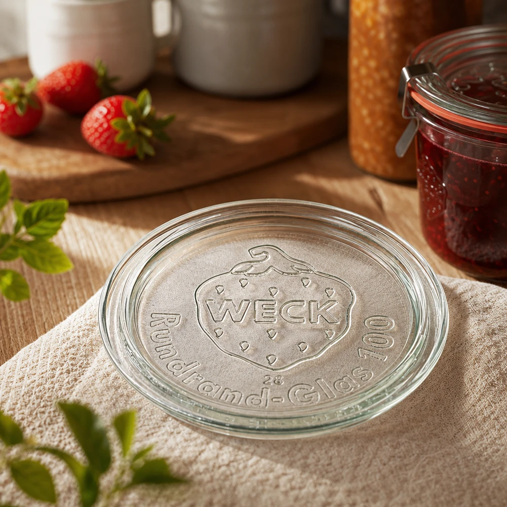 Tampa de frasco WECK RR100 Grande plano com o logótipo da marca em relevo num pano de cozinha junto a compota de morango num frasco