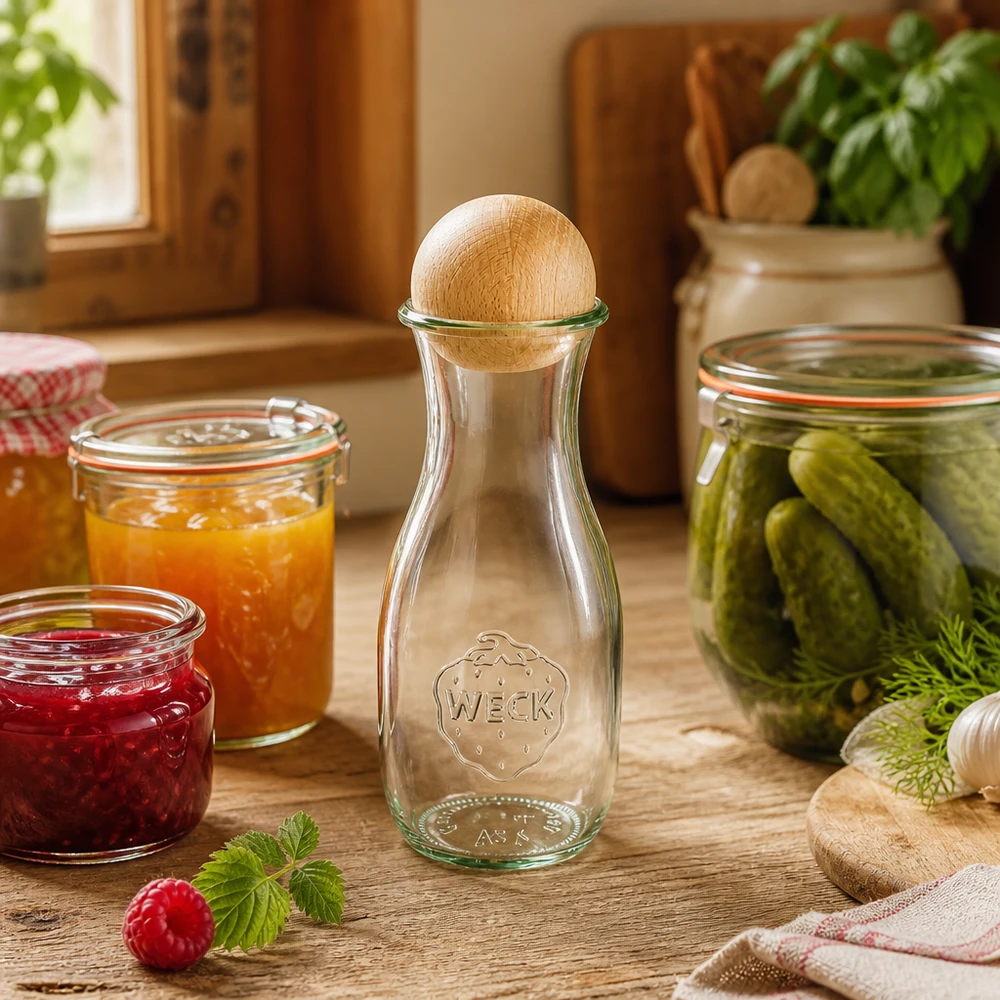 Garrafa de sumo WECK 530ml com rolha de madeira na cozinha rústica ao lado de frascos de conserva com compota e pickles