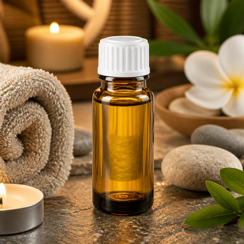 Frasco de vidro castanho de 10 ml, tipo farmacêutico, com tampa branca padrão, num ambiente de spa