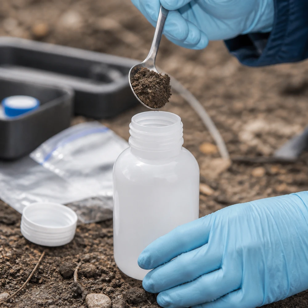 A amostra de solo é colocada com uma colher num frasco de laboratório de gargalo largo com capacidade para 250 ml, sem tampa