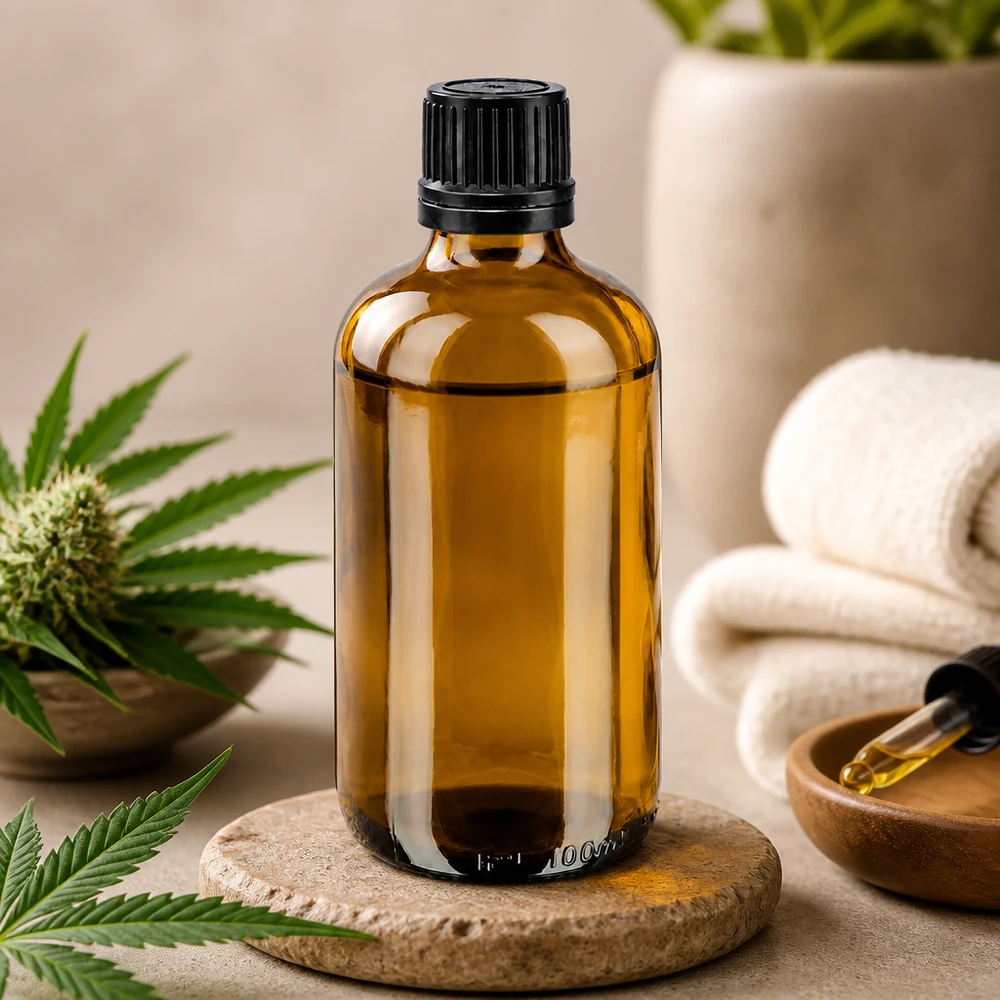 Frasco conta-gotas de vidro castanho de 100 ml com tampa OV preta ao lado de uma planta de canábis CBD