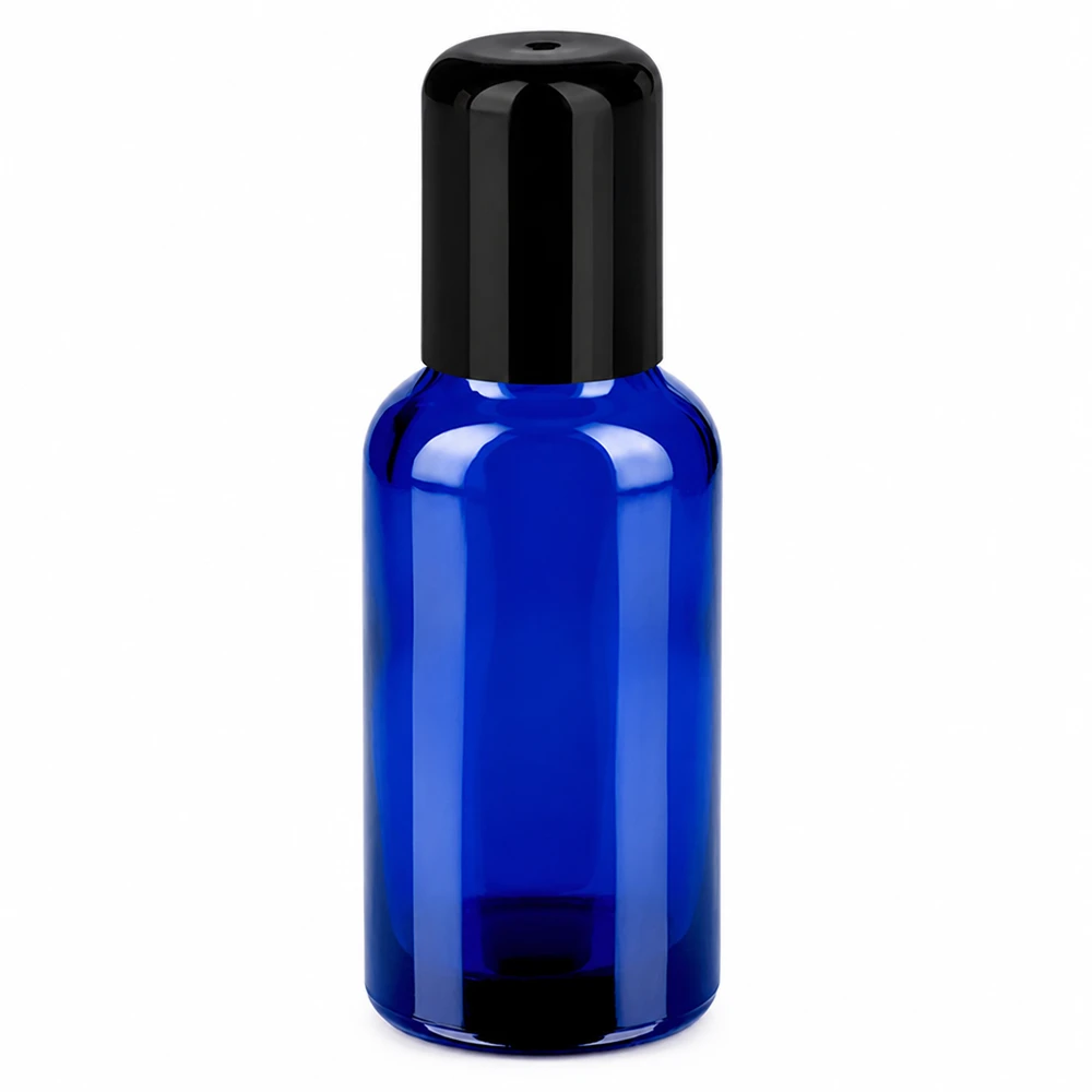 Frasco roll-on de 30 ml em azul com tampa preta para aplicações cosméticas
