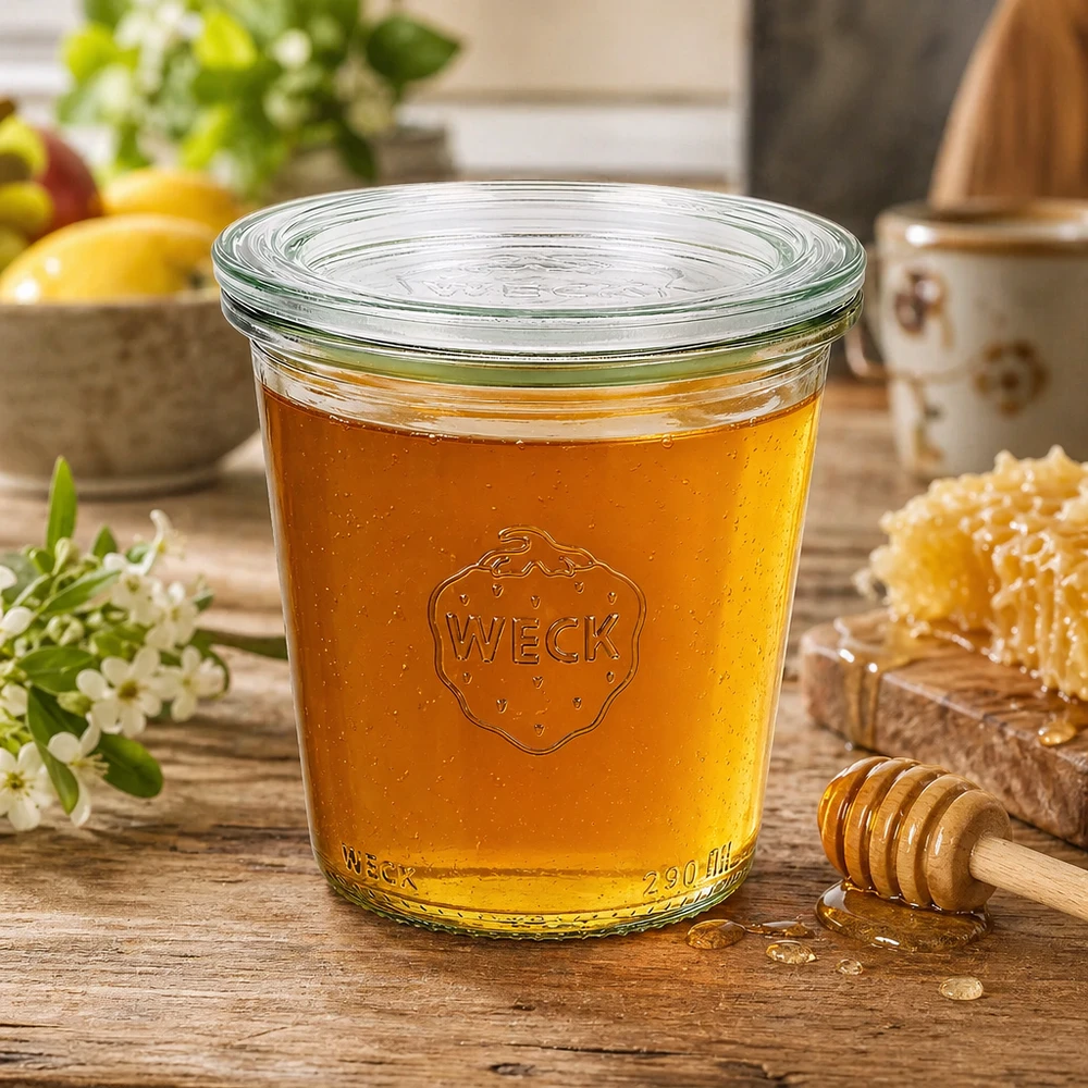 Copos WECK de 290 ml RR80 cheios de mel dourado e colher de mel como exemplo de utilização num ambiente rústico
