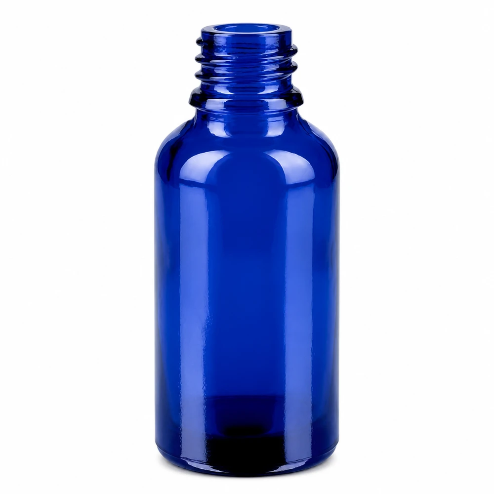 Frasco de vidro azul de 30 ml com rosca para tampa de conta-gotas e dosagem precisa