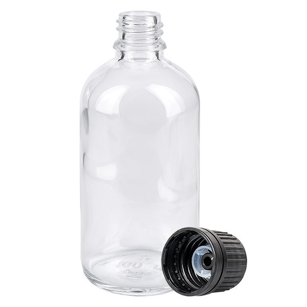 Frasco de 100ml (globule) 8mm anel de vazamento preto fecho padrão ClearLine UT18/1 Frasco de farmácia vazio de 100 ml em vidro transparente, com rosca de 18 mm e tampa conta-gotas preta