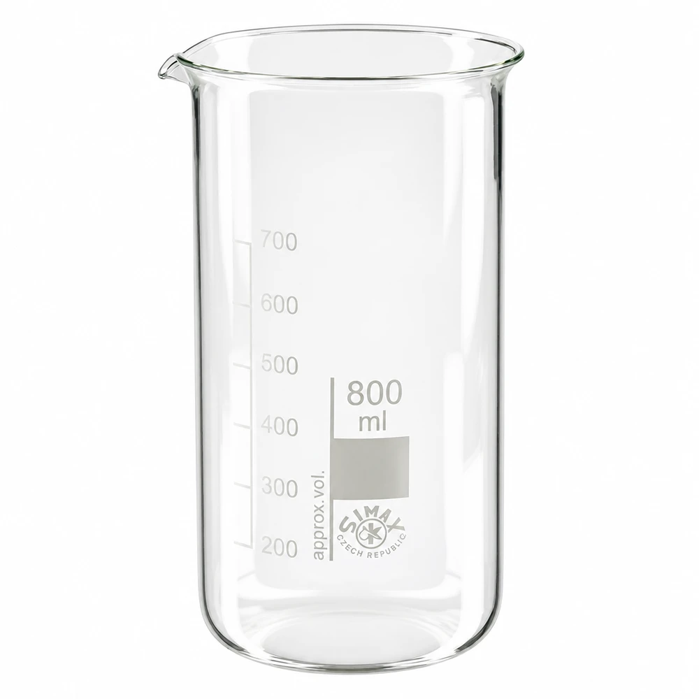 Béquer 800ml de vidro de borosilicato, forma alta Copo de laboratório de 800 ml, de formato alto, em vidro borossilicato, com escala em mililitros, da SIMAX Czech Republic