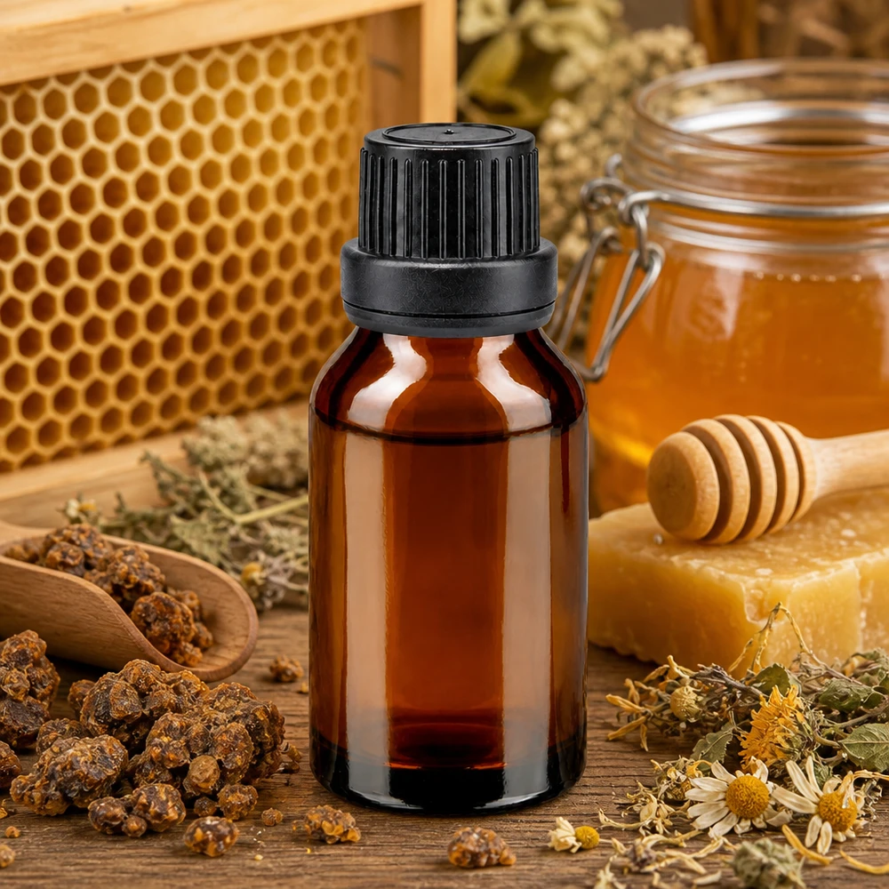 Frasco de vidro castanho de 15 ml com tampa conta-gotas, para mel, cera de abelha e própolis, destinado a produtos naturais