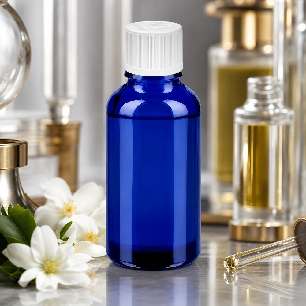 Frasco elegante de 30 ml em azul brilhante com tampa branca para aplicações cosméticas profissionais