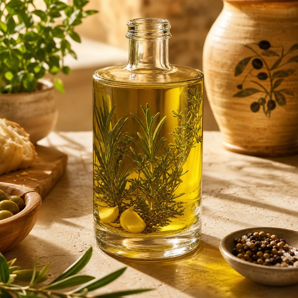 Garrafa de vidro de 375 ml de Sam cheia de óleo de ervas aromáticas, decorada com azeitonas e especiarias mediterrânicas