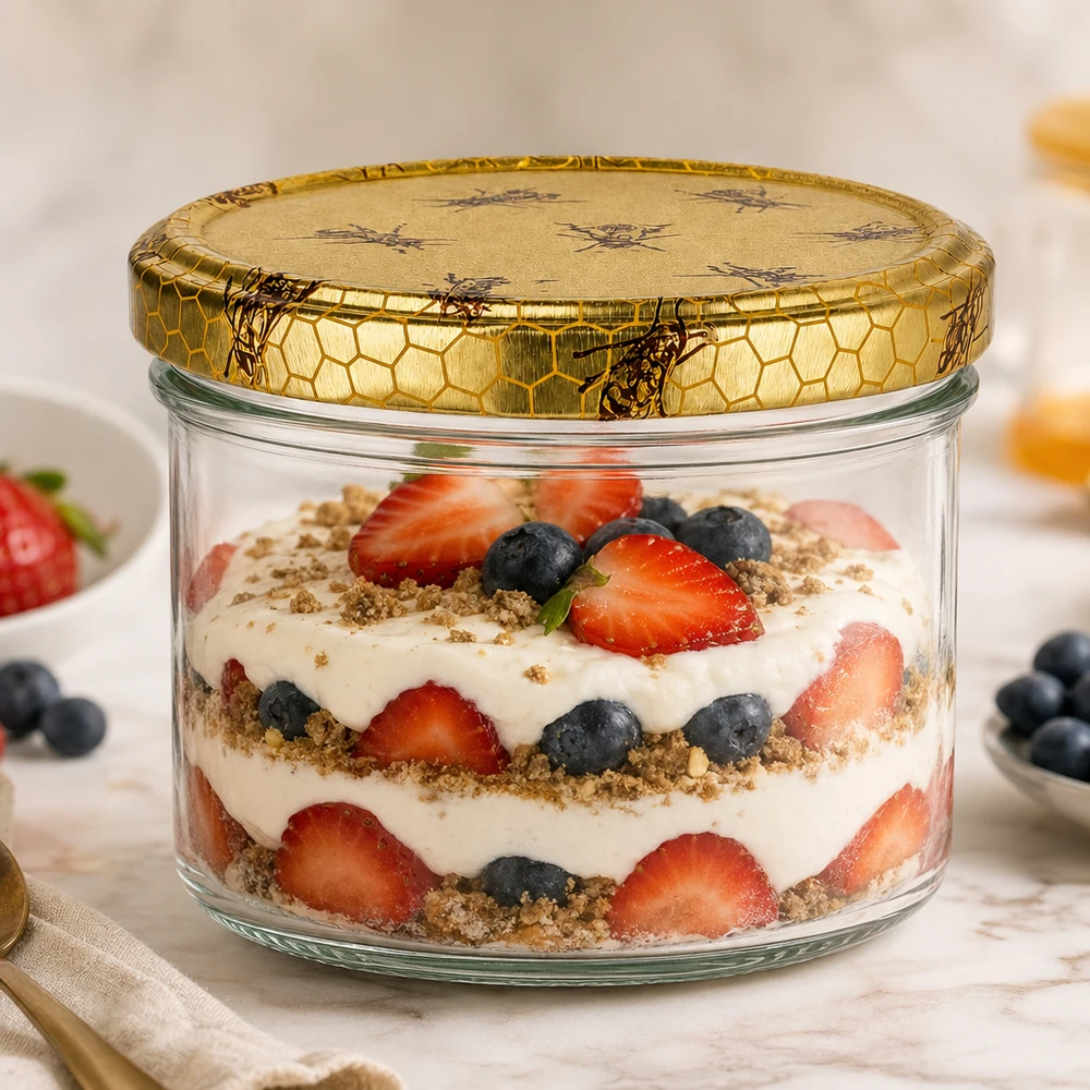 Frasco de mel de 300 g como frasco de armazenamento para sobremesas com frutos silvestres e iogurte, recipiente de vidro versátil