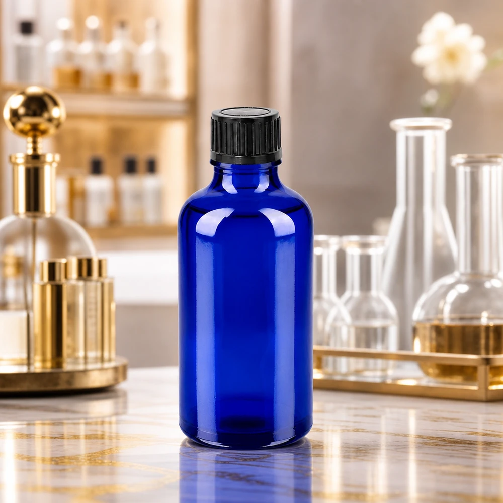Frasco de laboratório elegante de 50 ml em azul-cobalto intenso com proteção UV para substâncias sensíveis à luz