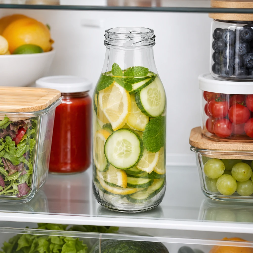 Garrafa UNiTWIST263 Garrafa de vidro de 263 ml com água com infusão de pepino, limão e menta no frigorífico TO43