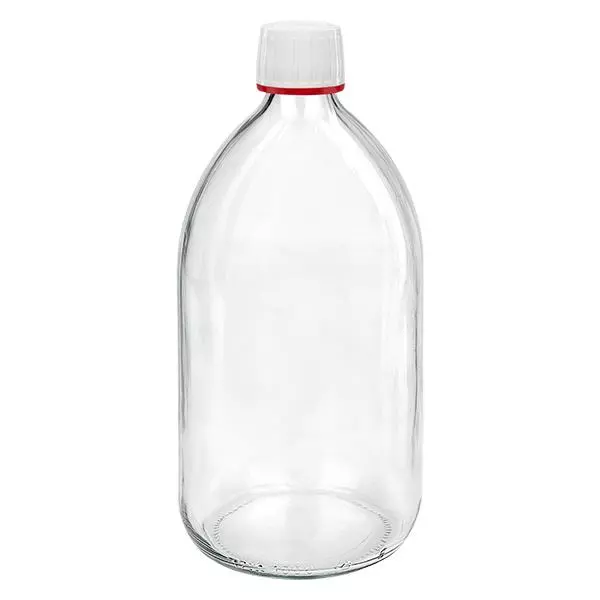Frasco de medicamento de 1000ml transparente, tampa branca com anel inviolável vermelho ApoGlas Frasco de medicamento de 1000ml transparente, tampa branca com anel inviolável vermelho ApoGlas