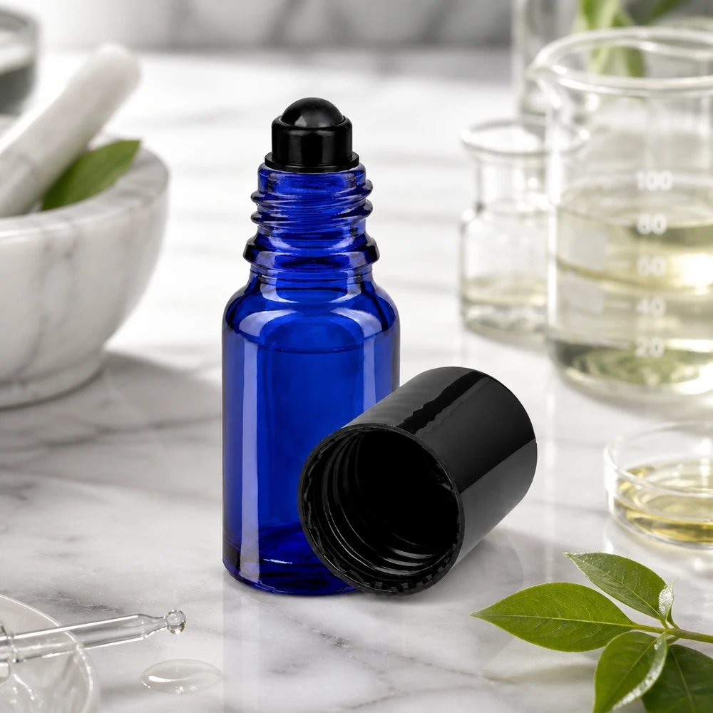 Frasco azul de 10 ml com aplicador de rolo, da marca ApoGlas, aberto, com a tampa de rosca preta removida, sobre mármore