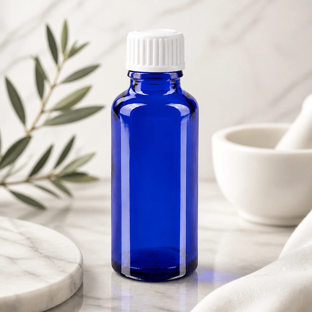 Frasco de farmácia azul 30ml tampa de rosca branco globules standard Frasco de farmácia azul cobalto de 30 ml, em vidro de alta qualidade, com tampa de segurança branca