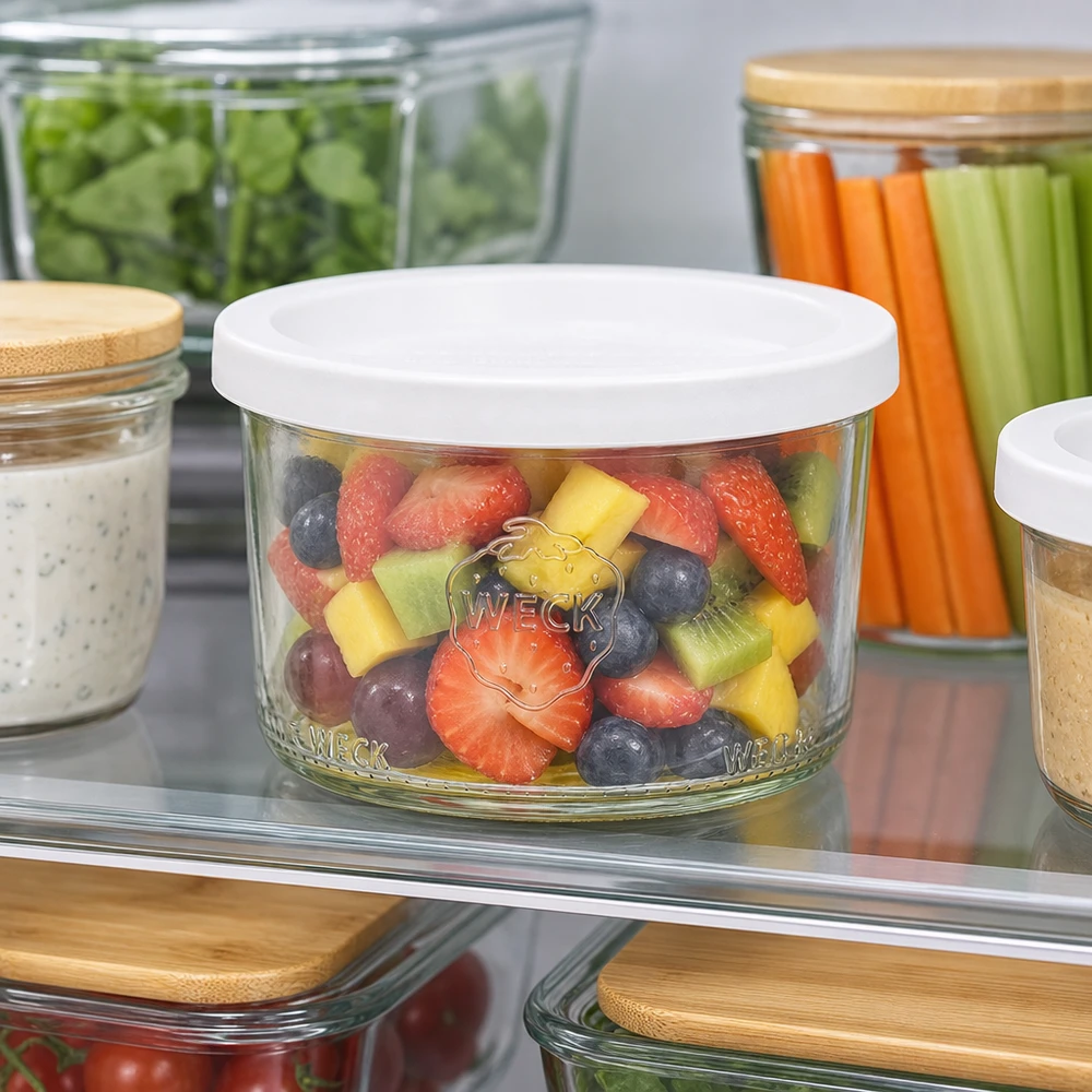 Copos de vidro de 200ml com tampa WECK RR80 Copos WECK 200ml RR80 com salada de fruta guardada no frigorífico para preparar refeições e lanches saudáveis