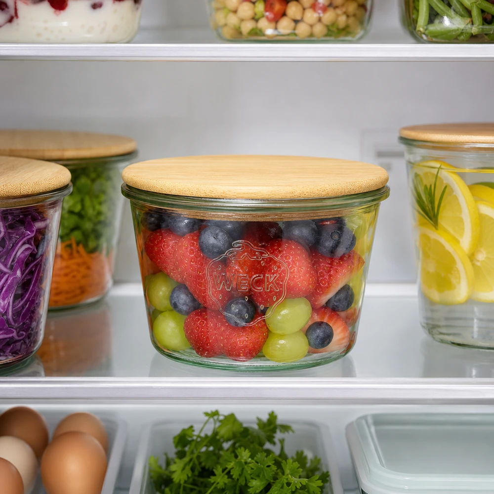 Copos WECK RR100 de 370 ml com tampa de bambu no frigorífico, cheios de fruta fresca - morangos, mirtilos, uvas