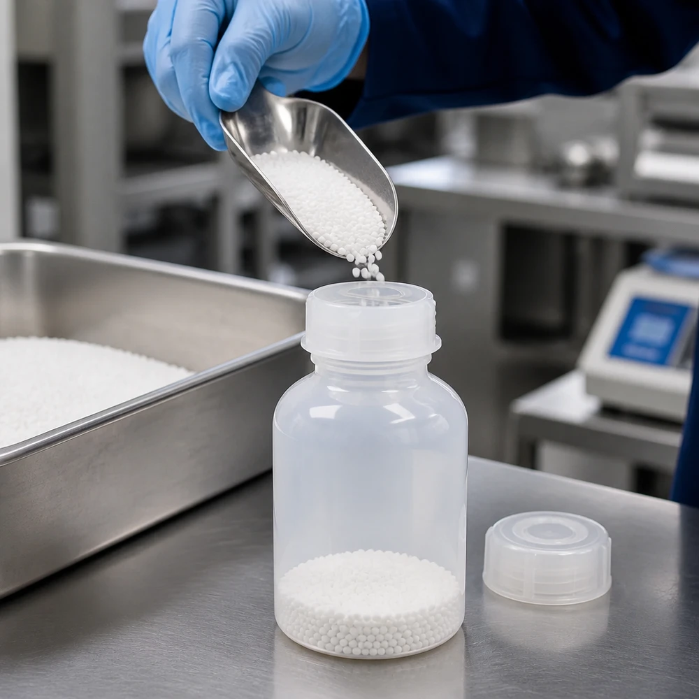 Frasco de laboratório de plástico de 100 ml, de gargalo largo, com tampa de rosca avulsa sobre uma superfície de aço inoxidável