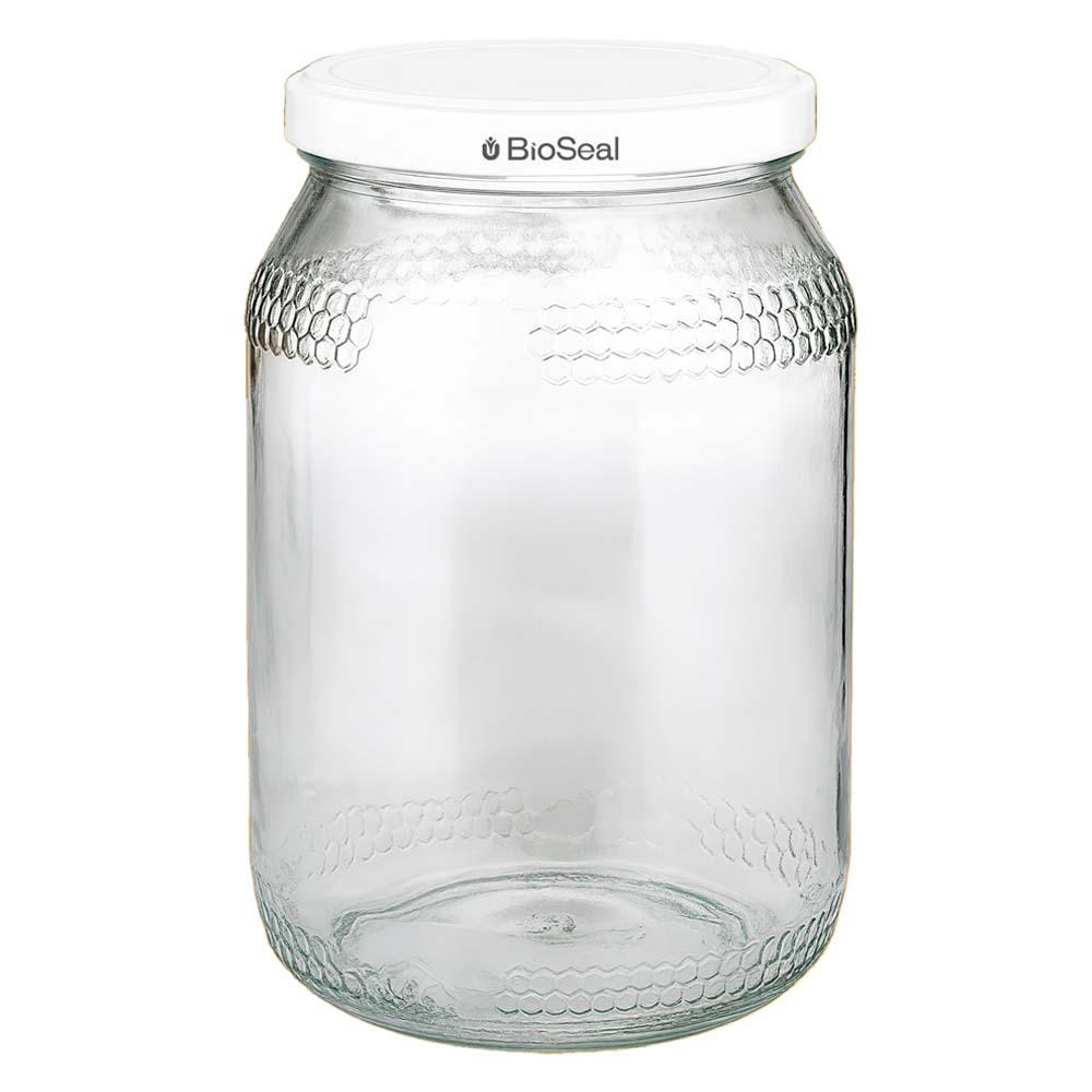 1260g Honigglas + BioSeal Deckel weiß UNiTWIST Frasco de mel de 900 ml com tampa BioSeal branca Frasco de vidro vazio UNiTWIST para mel com padrão de favo de mel