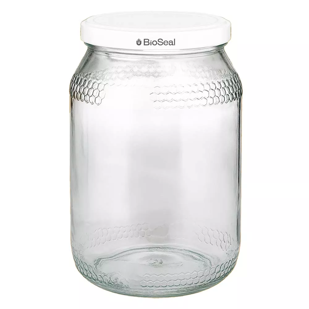 1260g Honigglas + BioSeal Deckel weiß UNiTWIST Frasco de mel de 900 ml com tampa BioSeal branca Frasco de vidro vazio UNiTWIST para mel com padrão de favo de mel