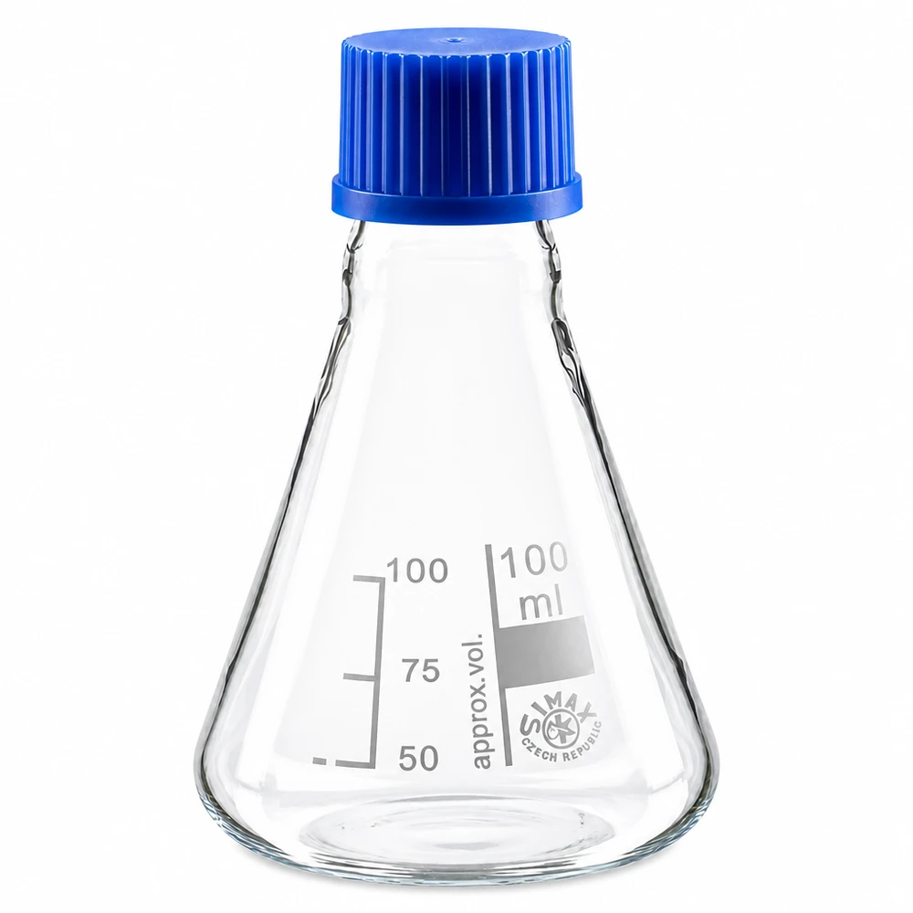 Erlenmeyer cónico de 100 ml com uma prática tampa de rosca de plástico azul