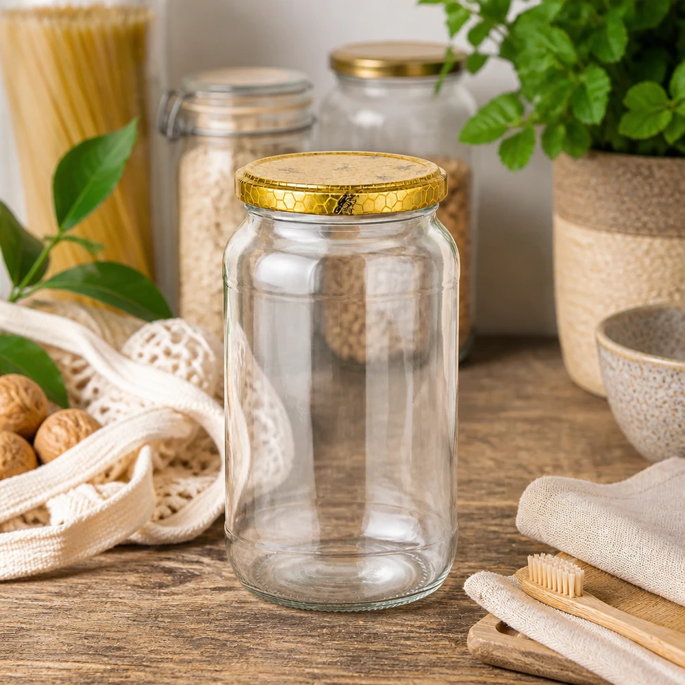 Copo redondo de 1062 ml vazio numa mesa de madeira com utensílios de cozinha sustentáveis escovas de dentes de bambu saco de juta estilo de vida sem desperdício