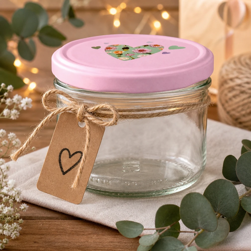 Jarro de 230 ml + tampa BasicSeal coração rosa Frasco cilíndrico de 230 ml com tampa em forma de coração cor-de-rosa, decorado com fita de juta, pendente e eucalipto para oferecer