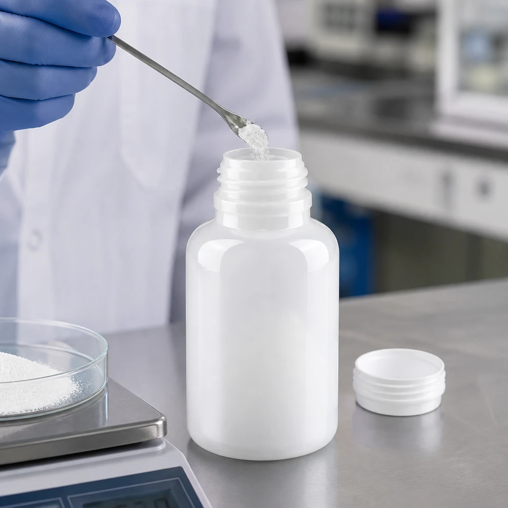 Frasco de laboratório de 250 ml com gargalo largo e sem tampa O técnico de laboratório enche um frasco de plástico de gargalo largo com 250 ml com um pó branco, utilizando uma espátula