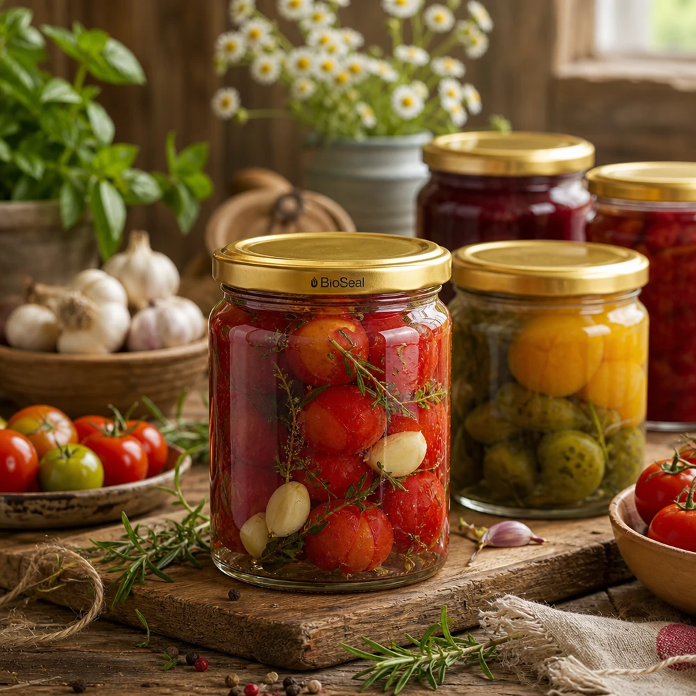 Frasco UNiTWIST Runda408 com tampa TO82 BioSeal para conservar tomates e legumes numa cozinha rústica