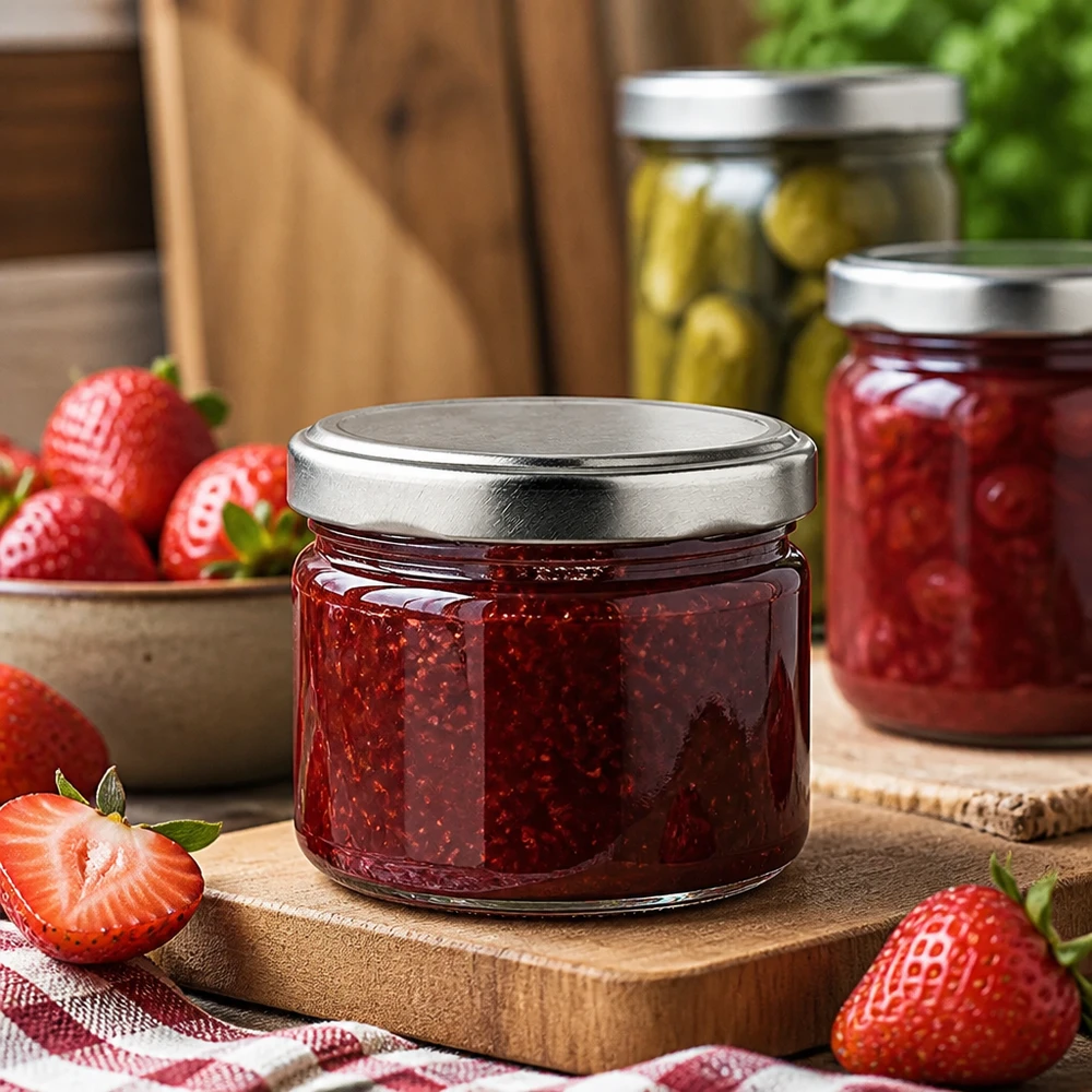 Frasco redondo de 540 ml com tampa de prata para compota e marmelada, frasco de conserva com morangos sobre uma mesa de madeira