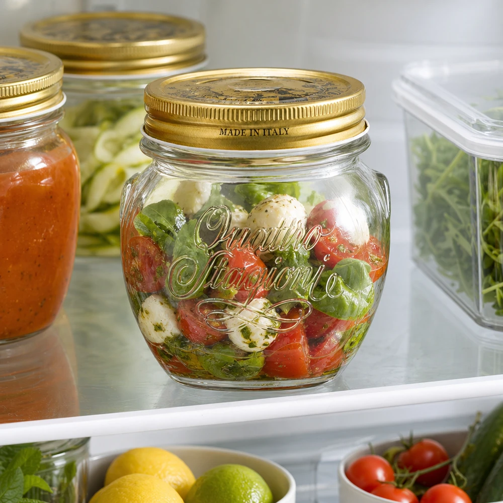 300ml Rundglas "Quattro Stagioni" mit Deckel Frasco redondo de 300 ml Quattro Stagioni com tampa dourada cheio de salada Caprese no frigorífico Fabricado em Itália