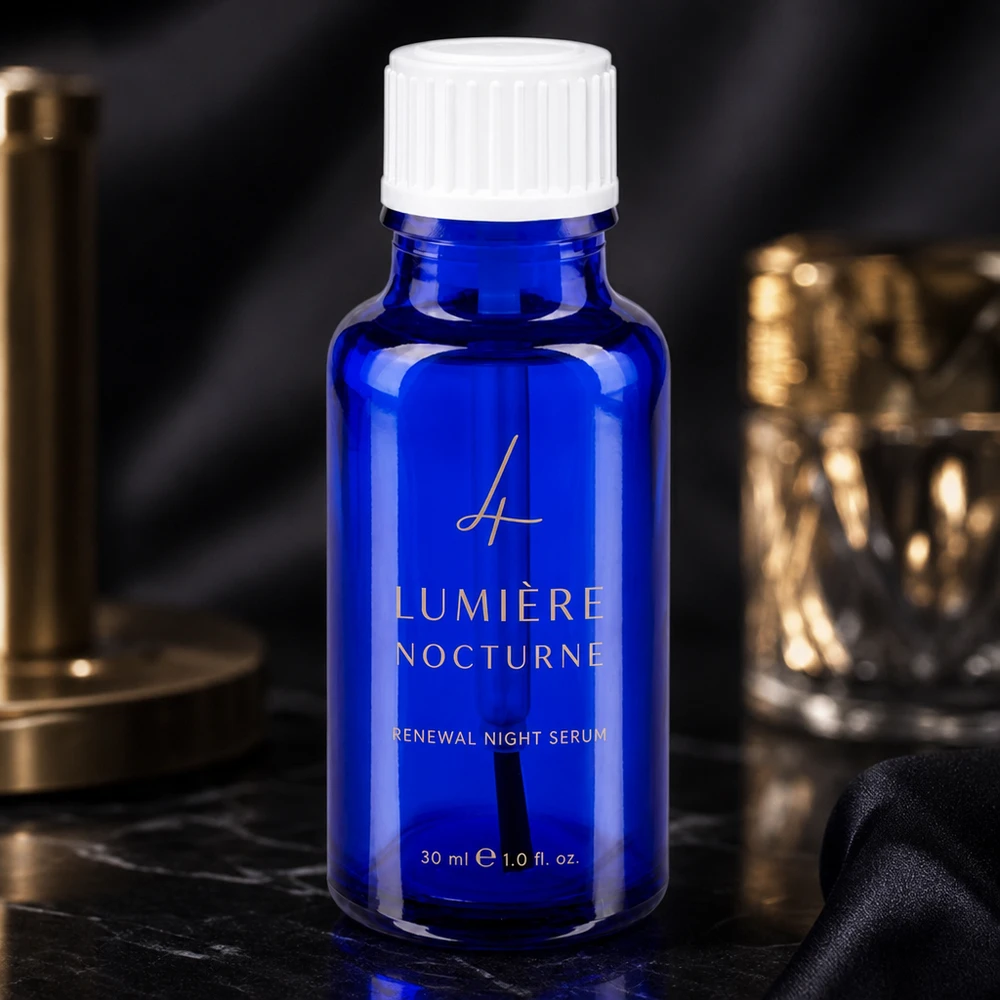 Frasco de farmácia azul de 20 ml em vidro cobalto com tampa de rosca branca sobre mármore preto