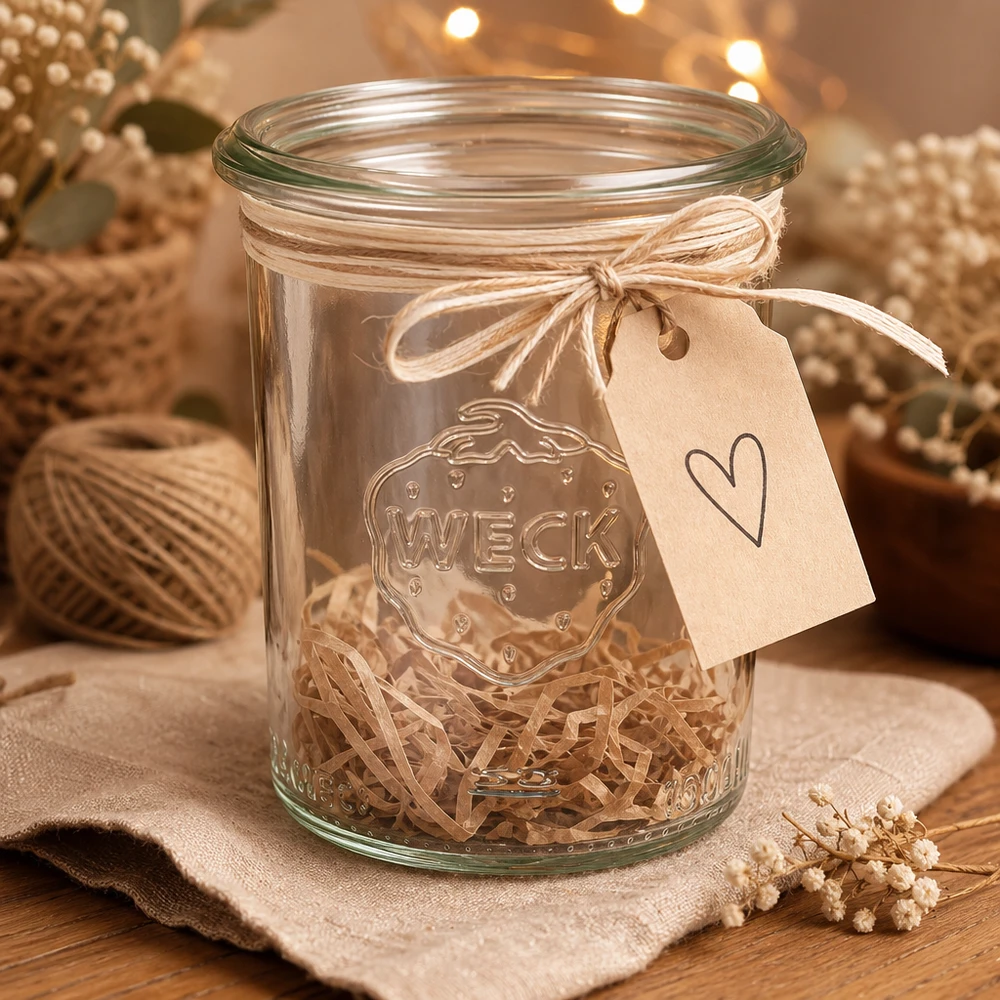 Copos de 160 ml WECK RR60 com pendente em forma de coração e fio de ráfia decorados como embalagem de presente numa mesa de madeira