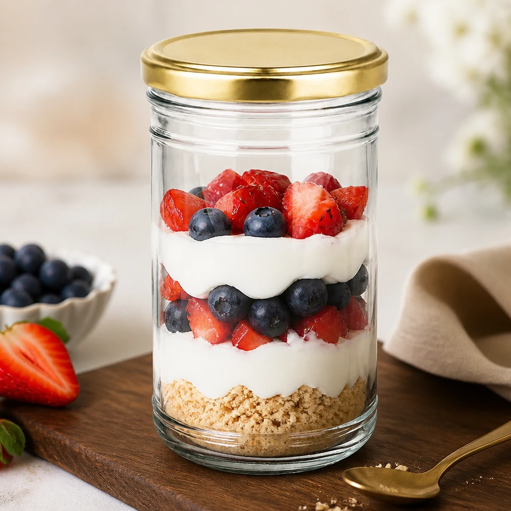 Sobremesa em camadas com frutos silvestres e iogurte num frasco de vidro de 1053 ml com uma tampa dourada como ideia de sobremesa saudável